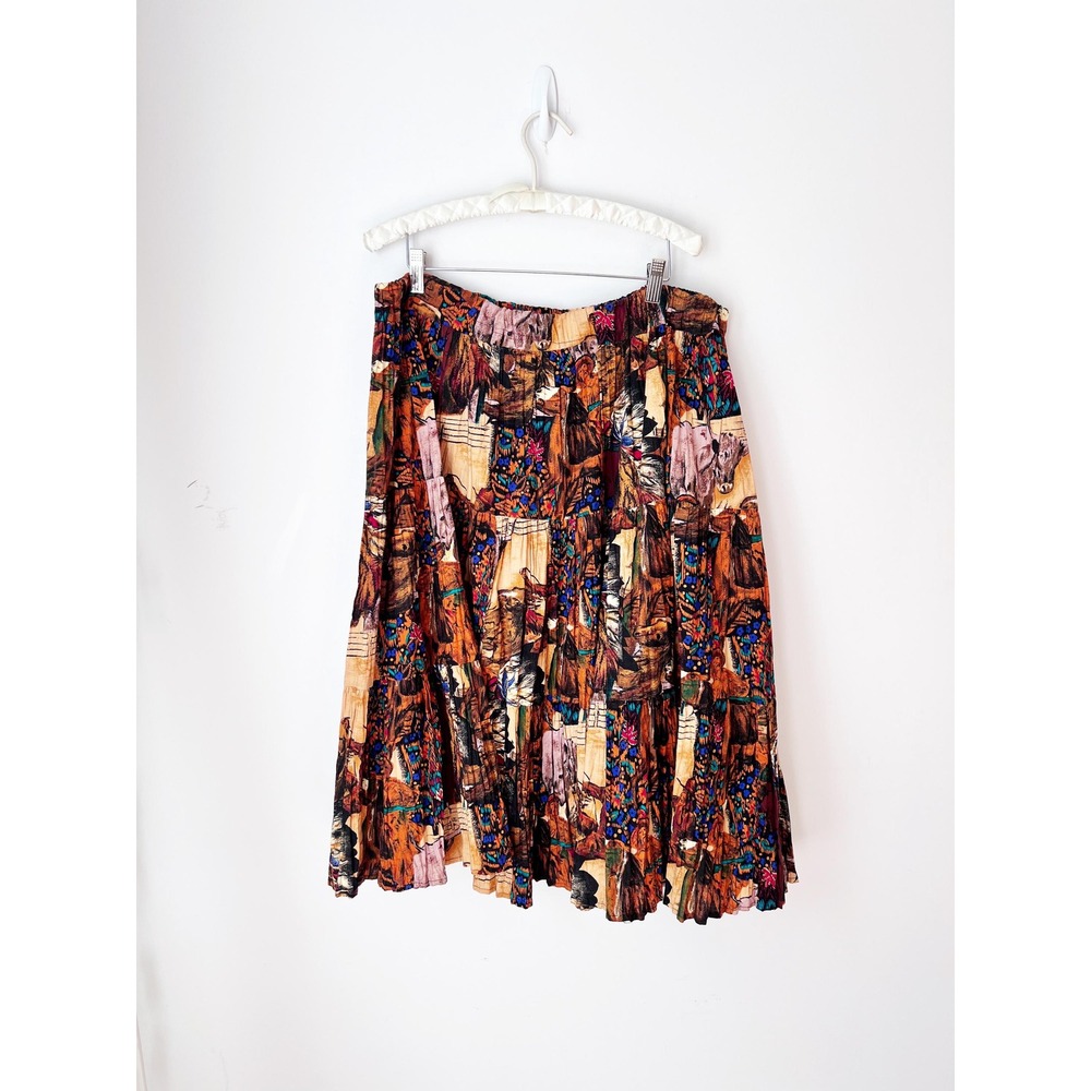 Vintage Western Novelty Print Broomstick Skirt Brown Multi Tiered Pleated Midi - Picture 5 of 9